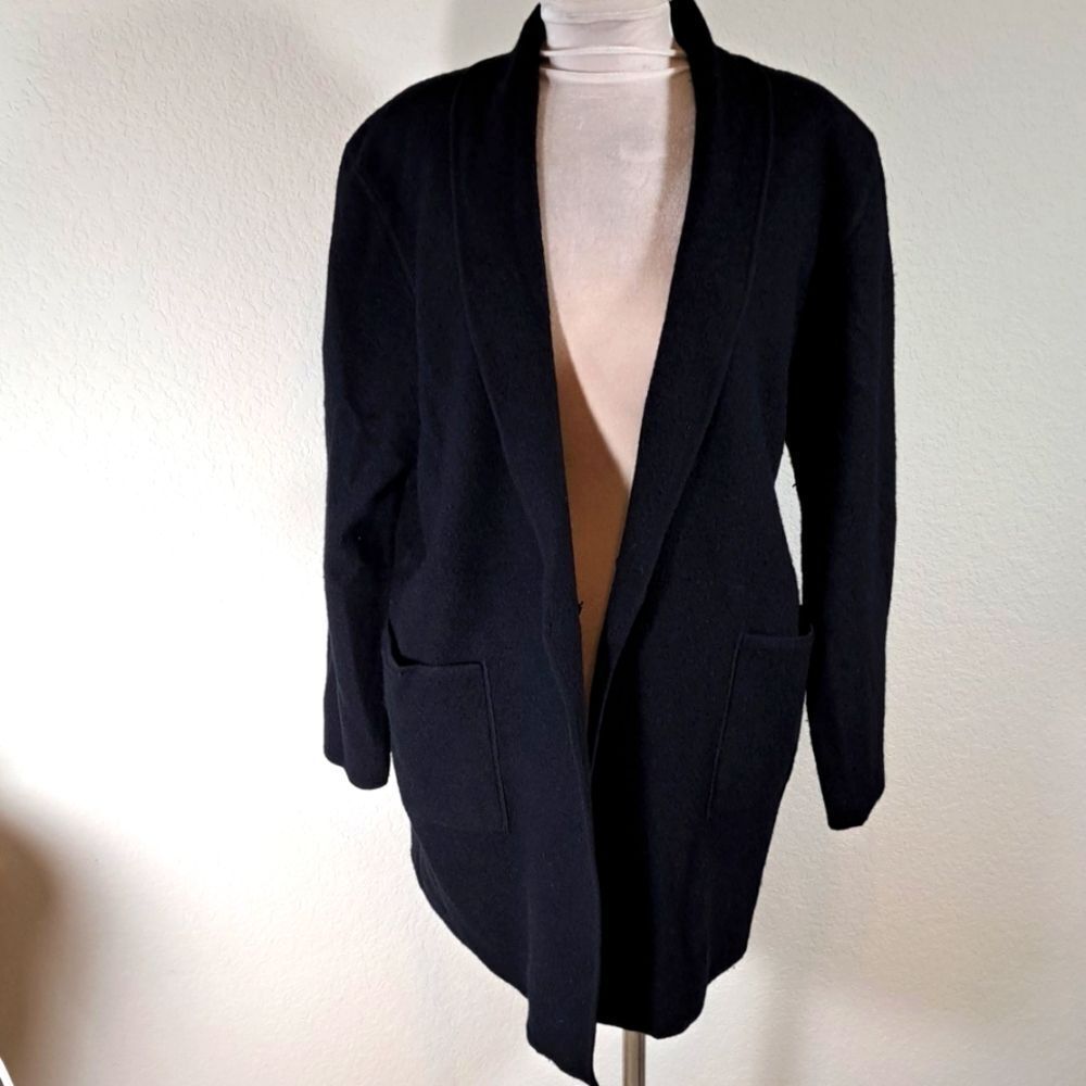 Josephine Chaus Women’s Vintage Black Wool Cardigan Duster Size XL Shoulder Pads